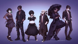 1other 3boys 3girls aang alternate_costume alternate_hairstyle alternate_universe animal animal_on_shoulder arrow_(symbol) avatar:_the_last_airbender avatar_legends bald black_dress black_hair blue_eyes boots braid brother_and_sister caro_oliveira chest_tattoo combat_boots commentary converse corset crown_braid dark-skinned_female dark-skinned_male dark_skin dress ear_piercing earrings english_commentary full_body goth_fashion gothic_lolita hands_in_pockets height_difference jacket jewelry katara leather leather_jacket lemur lolita_fashion long_coat long_hair looking_at_viewer momo_(avatar) multiple_boys multiple_girls multiple_piercings parasol piercing platform_footwear platform_heels plug_(piercing) rimless_eyewear round_eyewear shoes short_hair siblings skirt sneakers sokka suki_(avatar) sunglasses tattoo toph_beifong umbrella undercut v-neck watermark web_address zuko