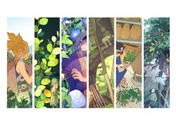Rule 34 | 1girl, 3boys, adjusting clothes, asagiri gen, basket, blonde hair, border, branch, dr. stone, facing away, green eyes, hacobox, hand on own hip, highres, holding, holding basket, holding leaf, ishigami senkuu, jacket, kohaku (dr. stone), leaf, light smile, long hair, looking to the side, multiple boys, polearm, ponytail, purple eyes, purple jacket, shishiou tsukasa, sitting, spear, spiked hair, weapon, white border, white hair
