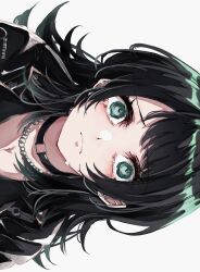 Rule 34 | 1girl, absurdres, bang dream!, bang dream! it&#039;s mygo!!!!!, biting own lip, black choker, black hair, black jacket, breasts, chain, chain necklace, choker, cleavage, commentary, commentary request, crying, crying with eyes open, green eyes, highres, jacket, jewelry, long hair, looking at viewer, moire, necklace, nuruponnu, sidelocks, sideways, simple background, solo, symbol-only commentary, tears, upper body, white background, yahata umiri