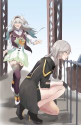 2girls absurdres belt black_gloves black_jacket black_skirt black_thighhighs blush breasts cropped_jacket firefly_(honkai:_star_rail) gloves green_eyes green_skirt grey_hair guard_rail hair_ornament hairband highres honkai:_star_rail honkai_(series) jacket kneeling long_hair long_sleeves medium_breasts medium_hair multiple_girls neckerchief open_clothes open_jacket open_mouth orange_neckerchief s4ika shirt skirt stelle_(honkai:_star_rail) thighhighs tongue tongue_out trailblazer_(honkai:_star_rail) white_shirt yellow_eyes