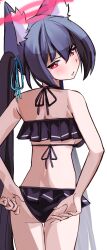 Rule 34 | 1girl, absurdres, adjusting clothes, adjusting swimsuit, animal ear fluff, animal ears, bikini, black bikini, black hair, blue archive, cat ears, cat girl, frilled bikini, frills, hair between eyes, hair ribbon, halo, highres, long hair, looking back, red eyes, red halo, ribbon, serika (blue archive), serika (swimsuit) (blue archive), sidelocks, simple background, solo, standing, swimsuit, tsunderemaids, twintails, white background