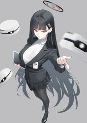 1girl :o black_footwear black_hair black_jacket black_pantyhose black_skirt blazer blue_archive breasts bright_pupils commentary_request drone full_body halo highres id_card jacket large_breasts long_hair looking_at_viewer miniskirt odaneru_apart pantyhose pleated_skirt red_eyes rio_(blue_archive) skirt solo straight_hair sweater very_long_hair white_pupils white_sweater