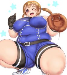 1girl baseball_glove belt blush breasts cinderella_series clenched_hand commentary_request covered_navel fat fat_woman feet_out_of_frame hachigatsu_no_cinderella_nine highres kazamatsuri_serina large_breasts light_brown_hair long_hair looking_at_viewer muffin_top one_eye_closed open_mouth orizen plump red_eyes shoes shorts sneakers solo squatting star_(symbol) star_symbol_background tareme teeth thick_thighs thighs twintails upper_teeth_only white_background white_shoes