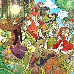 3girls 5boys aqua_hair bald bangle beard black_gloves black_hair black_shirt blonde_hair boots bracelet braid breasts brown_hair camus_(dq11) clenched_hand closed_eyes covered_navel crop_top dragon_quest dragon_quest_xi dress earrings facial_hair fez_hat fingerless_gloves floating_island full_body gloves green_dress green_hairband greig_(dq11) grey_pants hair_between_eyes hair_over_shoulder hair_tie hairband hand_on_own_chest hat hero_(dq11) highres holding holding_instrument holding_lyre holding_staff holding_sword holding_weapon hood hood_up hooded_dress instrument jewelry juliet_sleeves long_hair long_sleeves lyre martina_(dq11) medium_breasts medium_hair midriff mountain multiple_boys multiple_girls mustache old old_man open_mouth orange_pants outstretched_arm pants parted_bangs plant ponytail puffy_short_sleeves puffy_sleeves purple_boots purple_hair purple_tunic red_dress red_hat red_vest row_(dq11) senya_(dq11) sheath shirt short_hair short_sleeves sitting sleeveless sleeveless_shirt smile sphere_earrings staff sword sylvia_(dq11) toriga tree tunic twin_braids two-tone_dress veronica_(dq11) vest vines weapon white_dress white_hair white_shirt