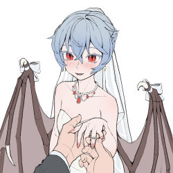 1boy 1girl alternate_costume bare_shoulders bat_wings blue_hair blush braid bridal_veil collarbone dress earrings fangs half_up_braid highres holding holding_hands holding_jewelry holding_ring jewelry long_sleeves necklace pearl_necklace pov red_eyes remilia_scarlet ring short_hair simple_background slit_pupils strapless strapless_dress touhou upper_body veil wedding_dress wedding_ring white_background white_dress wings youpofen