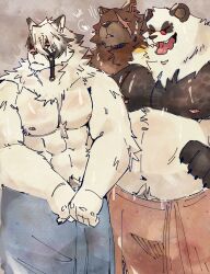 3boys abs absurdres bara bare_pectorals belly ben_bigger biceps black_fur brown_fur claws closed_eyes closed_mouth commentary english_commentary english_text fangs fat frostqq furry furry_male hand_on_own_hip highres looking_to_the_side male_focus multicolored_fur multiple_boys muscular muscular_male navel nipples open_mouth pan_yinhu pectorals plump scar scar_across_eye scar_on_face smile sweatdrop tongue tongue_out topless_male towel towel_around_waist von_lycaon white_fur zenless_zone_zero