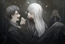 Rule 34 | 1girl, 2boys, angelica (project moon), argalia (project moon), ascot, black eyes, black gloves, black hair, black jacket, black necktie, black pants, black sweater, blue eyes, blue jacket, blush, carrying, carrying person, cindymeimezu, collared shirt, eye contact, flower, gloves, highres, jacket, jewelry, lapels, library of ruina, long hair, looking at another, mouth hold, multiple boys, necklace, necktie, notched lapels, open mouth, pants, princess carry, project moon, red flower, red rose, reverse princess carry, ribbed sweater, ring, ring necklace, roland (project moon), rose, shirt, short hair, signature, silver trim, sparkle, sweater, turtleneck, turtleneck sweater, white ascot, white hair, white shirt, wing collar