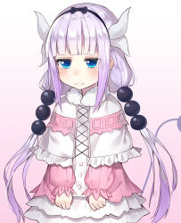 10s 1girl 3: blue_eyes blunt_bangs blush capelet closed_mouth cowboy_shot crying crying_with_eyes_open female_focus fur_trim gradient_background gradient_hair hair_bobbles hair_ornament highres horns jitome kanna_kamui kobayashi-san_chi_no_maidragon light_purple_hair long_hair looking_down low_twintails multicolored_hair purple_background purple_hair sidelocks skirt solo tears the_cold twintails very_long_hair white_skirt