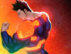 1boy bara beard_stubble blue_eyes boku_no_hero_academia clenched_hand embers endeavor_(boku_no_hero_academia) facial_hair from_behind highres long_sideburns looking_at_viewer mabataki male_focus mature_male muscular muscular_male profile scar scar_across_eye scar_on_face short_hair sideburns solo spiked_hair standing stubble superhero_costume