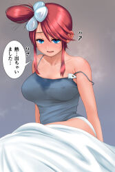 1girl bare_shoulders blue_eyes breasts covered_erect_nipples creatures_(company) dark-skinned_female dark_skin game_freak hadairo_rainbow highres japanese_text large_breasts long_hair nintendo on_bed panties pokemon pokemon_bw red_hair sick skyla_(pokemon) sleeveless thermometer underwear