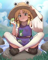 1girl 4th_lol animal animal_on_hand armpits black_shoes blonde_hair frog hat highres looking_at_viewer maebari moriya_suwako on_rock shoes short_hair sitting solo thighhighs touhou water white_sleeves white_thighhighs wide_sleeves
