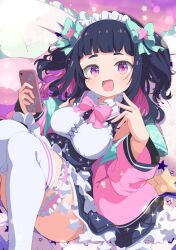 1girl absurdres aqua_bow black_hair blush bow bowtie breasts cellphone colored_inner_hair commission dress frills hair_bow highres holding holding_phone jacket large_breasts long_hair looking_at_viewer maid maid_headdress medium_breasts multicolored_hair open_clothes open_jacket open_mouth original phone pillow pink_bow pink_eyes pink_hair pink_jacket purple_eyes shiro9jira skeb_commission skirt smartphone smile solo star_(symbol) thighhighs two-tone_hair two_side_up virtual_youtuber white_thighhighs