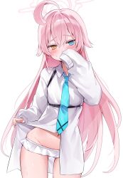 1girl ahoge blue_archive blue_eyes blue_necktie blush halo heterochromia highleg highleg_one-piece_swimsuit highres hoshino_(blue_archive) hoshino_(swimsuit)_(blue_archive) long_hair navel necktie one-piece_swimsuit pink_hair shirt solo sweat swimsuit swimsuit_under_clothes very_long_hair white_halo white_shirt yellow_eyes yonako_(123456nya)
