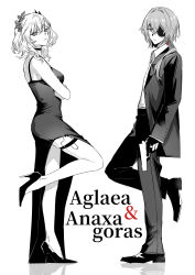 1boy 1girl absurdres aglaea_(honkai:_star_rail) anaxa_(honkai:_star_rail) animal_ears backless_dress backless_outfit bare_back breasts chinese_commentary collared_shirt commentary_request crossed_arms dress earrings empty_eyes eyepatch formal_clothes frown gun high_heels highres honkai:_star_rail honkai_(series) jewelry laurel_crown looking_at_viewer medium_breasts monochrome mr._and_mrs._smith poster_parody serious shirt short_hair side_slit spot_color standing standing_on_one_leg suit weapon yiyiyiyi670