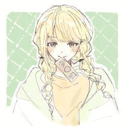 1girl banknote blonde_hair blush braid fujita_kotone gakuen_idolmaster highres hood hooded_jacket idolmaster jacket long_hair looking_at_viewer money mouth_hold shirt smile solo tachibana_(wakasaji) twin_braids two-tone_background upper_body yellow_shirt