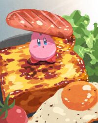 Rule 34 | blush, bread, bread slice, egg, food, highres, holding, holding food, kirby, kirby (series), lettuce, looking at viewer, miclot, nintendo, no humans, on food, open mouth, shadow, toast, tomato
