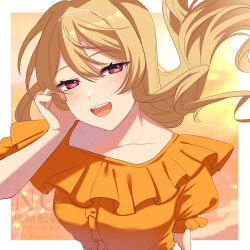 Rule 34 | 1girl, :d, arm at side, blonde hair, blush, border, breasts, center frills, collarbone, commentary request, evening, fingernails, floating hair, frilled shirt, frilled sleeves, frills, hair between eyes, half-closed eyes, hand in own hair, hand up, highres, kamikawa celery, long hair, looking at viewer, medium breasts, open mouth, orange shirt, outdoors, outside border, pearl hair ornament, pink eyes, puffy short sleeves, puffy sleeves, saijou claudine, shirt, short sleeves, shoujo kageki revue starlight, smile, solo, upper body, watermark, white border