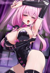 1girl absurdres akuame_(ring3922) animal_ears arm_under_breasts arm_up armpits black_gloves black_leotard black_thighhighs blush breasts bridal_gauntlets elbow_gloves fake_animal_ears gloves highres indie_virtual_youtuber large_breasts leotard long_hair looking_at_viewer mahou_lelys open_mouth pink_hair playboy_bunny presenting_armpit purple_eyes rabbit_ears thighhighs tongue tongue_out virtual_youtuber