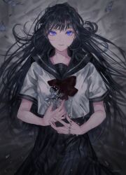 1girl black_hair black_sailor_collar black_skirt blue_eyes commentary_request copyright_request cross expressionless grey_shirt highres long_hair looking_at_viewer sailor_collar shirt short_sleeves skirt solo ueno_zousui upper_body