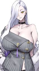 Rule 34 | 1girl, absurdres, bare shoulders, blue lips, breasts, choker, cleavage, collarbone, dress, earrings, eyeliner, fate/grand order, fate (series), grey dress, hair over one eye, highres, hoop earrings, huge breasts, jacket, jewelry, long hair, long sleeves, looking at viewer, makeup, mature female, off shoulder, mrs. snake (fate), parted lips, shiroshisu, solo, sweater, sweater dress, tassel, white hair, white jacket, yellow eyes