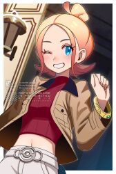 1girl =_(9_yawbus) blonde_hair blue_eyes blush bracelet breasts brown_jacket crop_top cropped_shirt gradient_hair hair_bun highres jacket jewelry long_sleeves looking_at_viewer midriff multicolored_hair navel nintendo one_eye_closed open_clothes open_jacket open_mouth pink_hair pokemon pokemon_legends:_z-a red_shirt ribbed_shirt shirt shorts smile solo taunie_(pokemon) turtleneck turtleneck_shirt white_shorts