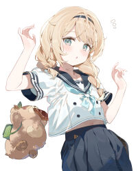 1girl :o black_sailor_collar blonde_hair blue_eyes blue_neckerchief blue_skirt blush braid cowboy_shot hana_mori hands_up hashtag-only_commentary highres hololive kazama_iroha kazama_iroha_(school_uniform) long_hair looking_at_viewer navel neckerchief official_alternate_hairstyle open_mouth pleated_skirt pokobee sailor_collar school_uniform serafuku shirt short_sleeves simple_background skirt tanuki twin_braids virtual_youtuber white_background white_shirt
