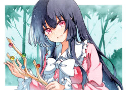 1girl :d bamboo black_hair blush bow bowtie branch collared_shirt frilled_shirt_collar frilled_sleeves frills highres holding holding_branch houraisan_kaguya jeweled_branch_of_hourai long_hair long_sleeves looking_at_viewer open_mouth pink_eyes pink_shirt rinka_(qqqrinkappp) shirt smile solo touhou traditional_media upper_body very_long_hair white_bow white_bowtie wide_sleeves