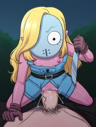 1boy 1girl absurdres belt black_belt black_pants blonde_hair blue_overalls bone_print brown_gloves clothed_sex colored_skin commentary english_commentary geiko_(punch_punch_forever!) girl_on_top gloves hand_on_another&#039;s_thigh hetero highres holding holding_knife kneeling knife leaning_forward loli looking_at_viewer male_pubic_hair mask mask_over_one_eye night night_sky nipples one_eye_covered outdoors overalls pants penis pink_skin pointy_ears pubic_hair punch_punch_forever! pussy sex skull_print sky threat uncensored vaginal vermelhatan