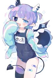 1girl bandaid bandaid_on_leg blue_jacket chestnut_mouth cotono_(nazekun) demon demon_girl demon_horns demon_tail demon_wings fang heterochromia highres horns jacket mismatched_irises name_tag one-piece_swimsuit open_clothes open_jacket original pointy_ears purple_hair school_swimsuit sleeves_past_fingers sleeves_past_wrists swimsuit tail two_side_up very_long_sleeves white_background wings