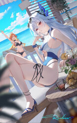 Rule 34 | 2girls, absurdres, ahoge, alternate costume, arm up, bare legs, bare shoulders, bikini, black bikini, black choker, blue nails, blue one-piece swimsuit, blue sky, breasts, casual one-piece swimsuit, chinese commentary, choker, cleavage, collarbone, commentary request, crossed legs, cup, cutout above navel, day, drinking glass, dutch angle, eyewear on head, facing viewer, feet, finger to mouth, front-tie bikini top, front-tie top, genshin impact, grey hair, hair between eyes, hair ornament, hand up, high heel sandals, highres, holding, holding surfboard, large breasts, legs, long hair, looking at viewer, mavuika (genshin impact), multi-strapped bikini bottom, multiple girls, nail polish, navel, ocean, one-piece swimsuit, open mouth, orange hair, outdoors, parted lips, raidriar 18, red eyes, revision, sandals, signature, skirk (genshin impact), sky, smile, stomach, sunglasses, surfboard, swimsuit, thighs, toes, underboob, very long hair, waving