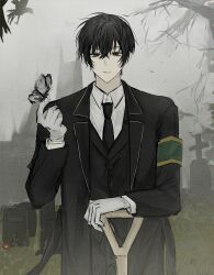 1boy absurdres armband bird black_butterfly black_eyes black_hair black_suit bug butterfly collared_shirt commentary_request crow e.g.o_(project_moon) formal_clothes gloves graveyard green_armband highres holding holding_shovel insect jugiii12 korean_commentary limbus_company project_moon shirt short_hair shovel solemn_lament_(e.g.o) suit white_butterfly white_gloves white_shirt yi_sang_(project_moon)