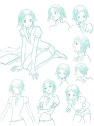 1other :d :o blue_eyes blue_hair clenched_hands closed_eyes closed_mouth crossed_arms crystal_hair fingernails gem_uniform_(houseki_no_kuni) hand_on_own_chin highres houseki_no_kuni imam_(oozlo) korean_commentary loafers long_legs multiple_expressions necktie open_mouth other_focus paper phosphophyllite puffy_sleeves sad seiza shoes short_shorts shorts sitting sketch smile v-shaped_eyebrows