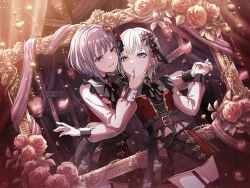 2girls bang_dream! bang_dream!_it&#039;s_mygo!!!!! black_thighhighs blue_eyes blush curtains earrings flower game_cg garter_straps hair_ornament heterochromia holding_hands jewelry kaname_raana long_sleeves multiple_girls nail_polish official_art parted_lips pink_eyes pink_flower pink_rose purple_hair red_nails rose see-through_clothes see-through_sleeves short_hair thighhighs third-party_source white_hair yellow_eyes yuri yuutenji_nyamu