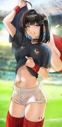 1girl 2022_fifa_world_cup absurdres arm_up black_choker black_hair black_nails black_shirt blue_hair blurry blurry_background blush breasts brown_eyes choker clothes_lift colored_inner_hair cowboy_shot cross cross_earrings earrings flag france french_flag grin highres holding holding_flag irene_(kanniiepan) jewelry kanniiepan lifting_own_clothes medium_breasts medium_hair midriff mole mole_under_eye multicolored_hair navel original red_thighhighs shirt shirt_lift short_shorts short_sleeves shorts smile solo standing thighhighs white_shorts world_cup wristband
