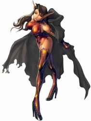 1girl black_hair blue_eyes boots breasts cape covered_erect_nipples crossed_legs elbow_gloves elf female_focus garter_straps gloves high_heels kim_hyung_tae lace lace-trimmed_legwear lace_trim large_breasts leaning_forward leotard long_hair maria_kazinski official_art open_mouth orange_thighhighs pointy_ears shiny_clothes shoes skin_tight solo standing the_war_of_genesis the_war_of_genesis_iii thigh_boots thighhighs torn_clothes zettai_ryouiki