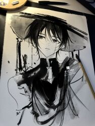 Rule 34 | 1boy, alticute, art tools in frame, artist name, bilibili logo, calligraphy brush (medium), cape, cropped torso, genshin impact, greyscale, hair between eyes, hat, highres, jingasa, looking to the side, male focus, mandarin collar, monochrome, parted lips, pen (medium), photo (medium), scaramouche (genshin impact), short hair, sideways glance, sketch, solo, tears, tiktok logo, traditional media, wanderer (genshin impact)