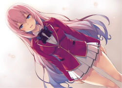 1girl blue_eyes bow bowtie breasts commentary_request crying highres ichinose_honami_(youjitsu) long_hair official_art pink_hair red_shirt school_uniform shirt skirt smile streaming_tears tears tomose_shunsaku very_long_hair youkoso_jitsuryoku_shijou_shugi_no_kyoushitsu_e