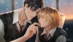2boys bandaid bandaid_on_finger bishounen black_hair blonde_hair blush brown_eyes collared_shirt eyelashes from_side haikyuu!! highres kozume_kenma kuroo_tetsurou looking_at_another male_focus multiple_boys necktie nekoma_high_school_uniform prairpaints red_necktie school_uniform shirt short_hair striped_necktie yaoi yellow_eyes