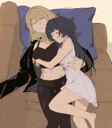2girls absurdres astra_yao bare_arms black_camisole black_hair black_jacket black_pants blonde_hair bluhbold camisole closed_eyes closed_mouth commentary couch cuddling cushion dress english_commentary evelyn_chevalier hand_on_another&#039;s_waist highres indoors jacket long_hair long_sleeves mole mole_under_eye multiple_girls on_couch pants parted_lips purple_dress red_eyes sleeping smile yuri zenless_zone_zero