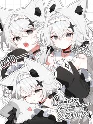 Rule 34 | 1girl, :&lt;, animal ears, armpit crease, black choker, black eyes, black ribbon, black sleeves, blush, breasts, choker, commentary, commission, covering breasts, covering privates, dated, detached sleeves, embarrassed, english commentary, fox ears, frilled sleeves, frills, grid background, hair ribbon, highres, hug, large breasts, looking at object, looking at viewer, low twintails, mole, mole under eye, multiple views, open mouth, original, orphaneater io, ribbon, solo, sweatdrop, teeth, twintails, twitter username, upper teeth only, white background, white hair, zzz