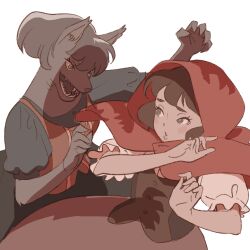 2girls 55bata6rou big_bad_wolf black_hair brown_dress capelet corset cowboy_shot dress fangs furry furry_female green_eyes grey_eyes grey_fur grey_hair highres hood hood_up hooded_capelet little_red_riding_hood_(fairy_tale) little_red_riding_hood_(fairy_tale_character) looking_at_another multiple_girls puffy_short_sleeves puffy_sleeves red_capelet red_hood short_hair short_sleeves simple_background standing teeth white_background wolf_girl