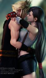 1boy 1girl 3d artist_name bare_shoulders black_hair black_skirt blonde_hair blue_eyes blurry blurry_background breasts cloud_strife couple crop_top detached_sleeves earrings eyeshadow final_fantasy final_fantasy_vii fingerless_gloves gloves highres hug jewelry large_breasts long_hair looking_at_another low-tied_long_hair makeup miniskirt red_eyes red_eyeshadow red_gloves ria-neearts skirt sleeveless sleeveless_turtleneck spiked_hair square_enix standing suspender_skirt suspenders tank_top tifa_lockhart turtleneck white_tank_top