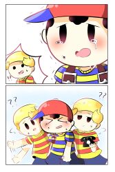 artist_request bad_tag black_hair child comforting hat homesick lucas_(mother_3) male_focus mother_(series) mother_2 mother_3 ness_(mother_2) nintendo shirt shorts socks source_request striped_clothes striped_shirt super_smash_bros. vrying