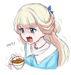 bead_necklace beads blonde_hair blue_eyes bow cat&#039;s_tongue commentary_request hair_bow highres hot jewelry necklace nekoyashiki_yuki pain precure sketch sweat tea tongue tongue_out wonderful_precure! zerolay