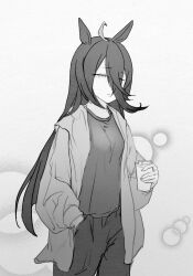 1girl ahoge animal_ears breasts cup disposable_cup greyscale hair_between_eyes highres holding holding_cup horse_ears horse_girl jacket long_bangs long_hair long_hair_between_eyes manhattan_cafe_(umamusume) monochrome multicolored_hair one_eye_closed open_clothes open_jacket purple_eyes ritsuinshi shirt small_breasts solo t-shirt umamusume very_long_hair