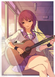 1girl acoustic_guitar angel_beats! blue_sailor_collar blue_skirt chalkboard classroom commission crossed_legs feet_out_of_frame guitar instrument iwasawa_masami mitsuyo_(mituyo324) pleated_skirt red_eyes red_hair sailor_collar school_uniform serafuku shinda_sekai_sensen_uniform shirt short_hair skirt sleeves_rolled_up solo sunset white_shirt