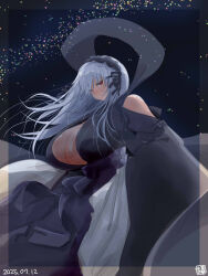 1girl alternate_breast_size alternate_costume black_hairband black_kimono breasts cleavage closed_mouth clothing_cutout commentary_request cowboy_shot dated frilled_hairband frills grey_hair hairband highres huge_breasts itini-sanshi japanese_clothes kimono lolita_hairband long_hair looking_at_viewer red_eyes rozen_maiden shoulder_cutout skirt sky solo star_(sky) starry_sky suigintou tanabata white_skirt