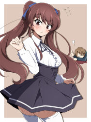 1boy 1girl akazawa_izumi alternate_costume another black_skirt bleeding blood blush brown_background brown_hair center_frills frilled_shirt frills from_behind high-waist_skirt highres long_hair looking_back meme_attire nel-c shirt short_hair simple_background skirt solo_focus teshigawara_naoya thighhighs thumbs_up twintails virgin_killer_outfit white_thighhighs