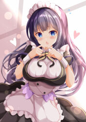 1girl apron black_dress black_hair blue_eyes blush breasts chestnut_mouth commentary_request dress flying_sweatdrops frilled_apron frills hands_up heart heart_hands highres large_breasts long_hair looking_at_viewer maid maid_headdress misumi_aoi ongeki parted_lips puffy_short_sleeves puffy_sleeves short_sleeves solo very_long_hair white_apron wrist_cuffs xenon_(for_achieve)