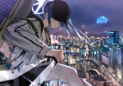 1girl b4mbo0 blue_archive blue_hair blue_halo city city_lights halo highres long_hair night night_sky outdoors rooftop saori_(blue_archive) scenery sky solo